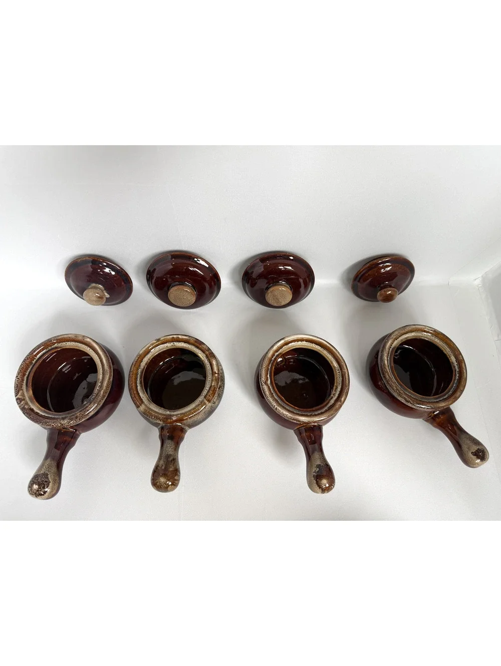 Set of 4 Vintage Brown Ceramic Sauce Pans with Lids
